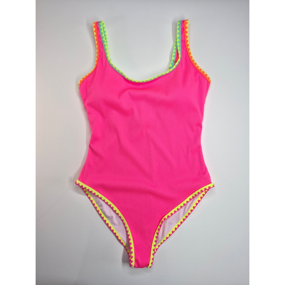 POPVIL Neon Pink Ribbed One Piece Swimsuit Rick Rack Trim XL NWT